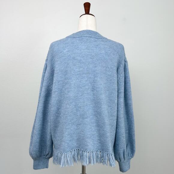 Farmers Market Blue Chunky Cable Knit Scarf Fringe Crewneck Sweater Large - Picture 6 of 9